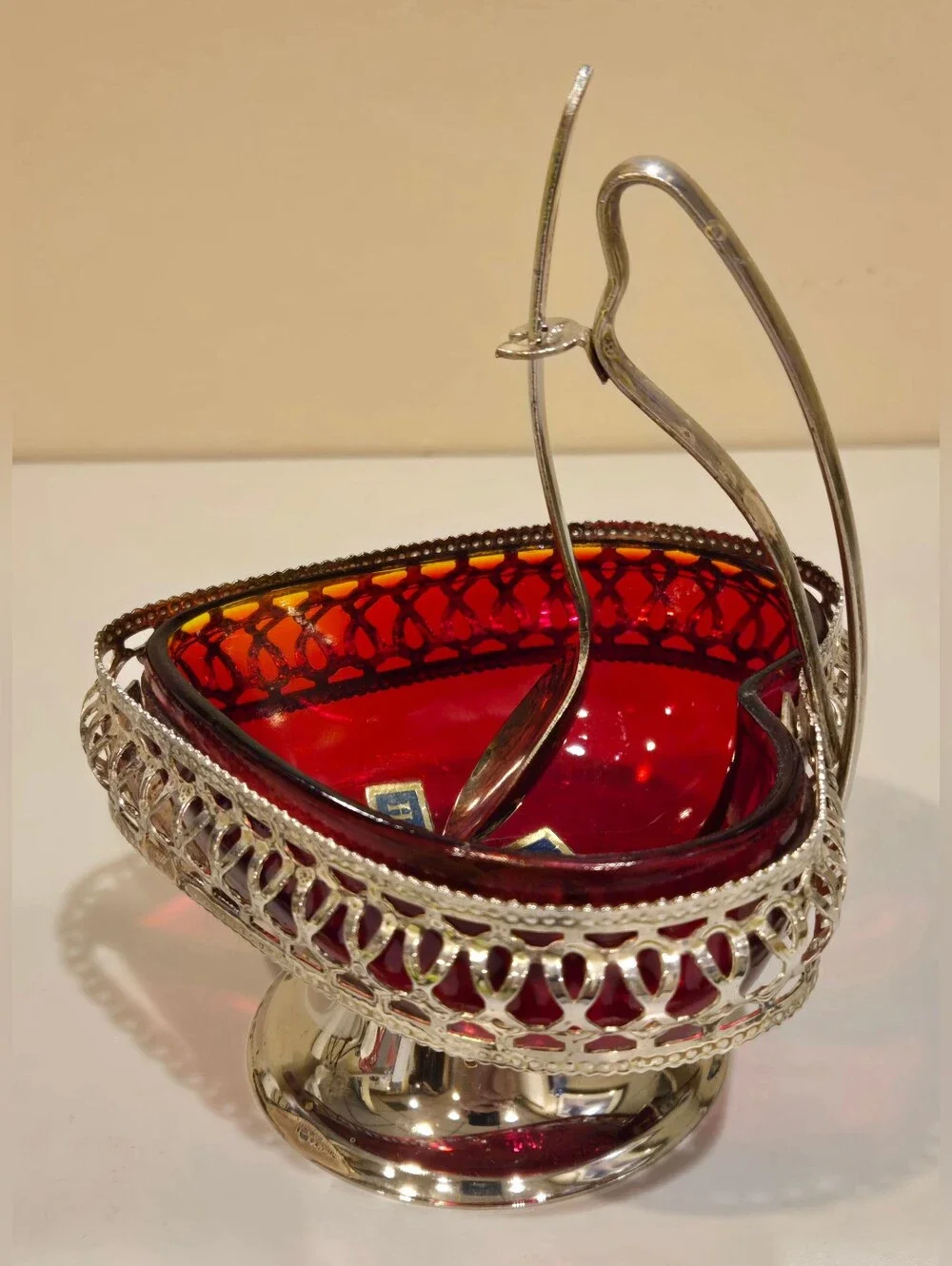 Vintage Brama Crystal Red Glass Heart Dish with Silver Spoon